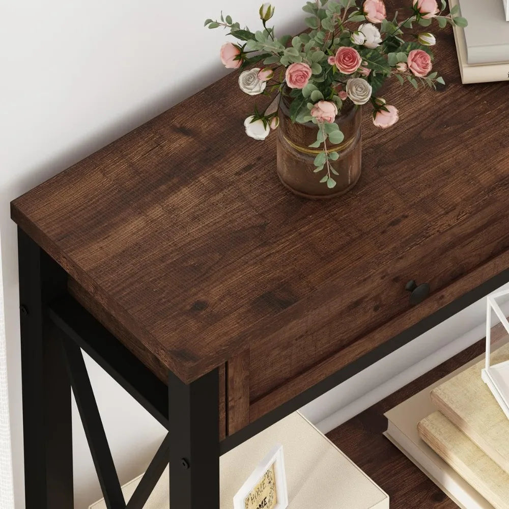 Rustic Oak Console Table With 2 Drawers For Living Room