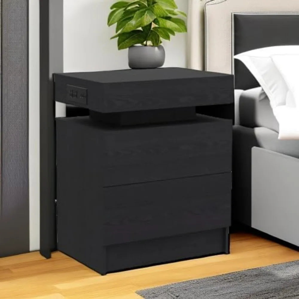 Modern Black Nightstand With Charging Station And Drawers