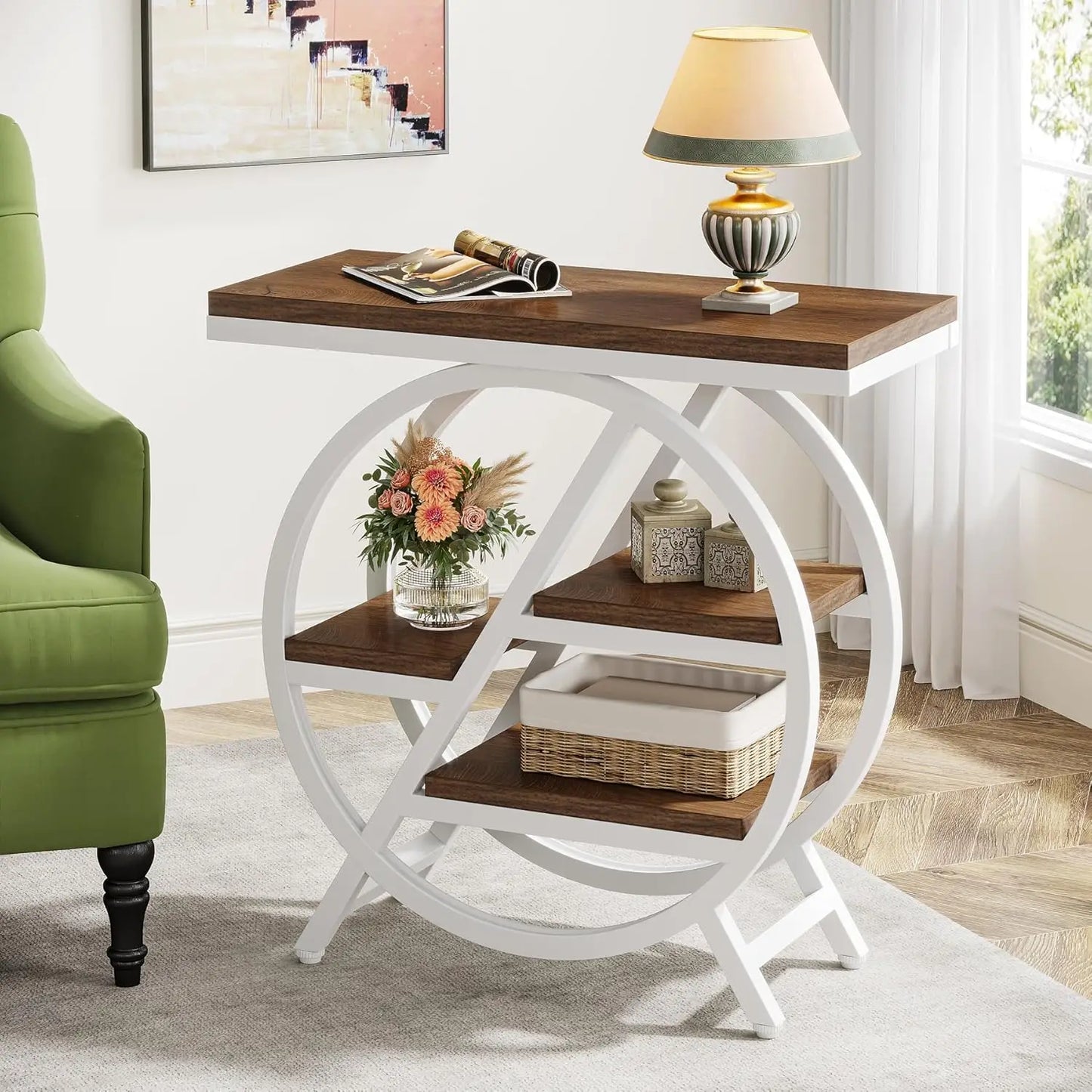 3 Tier Faux Marble End Table With Storage For Living Room