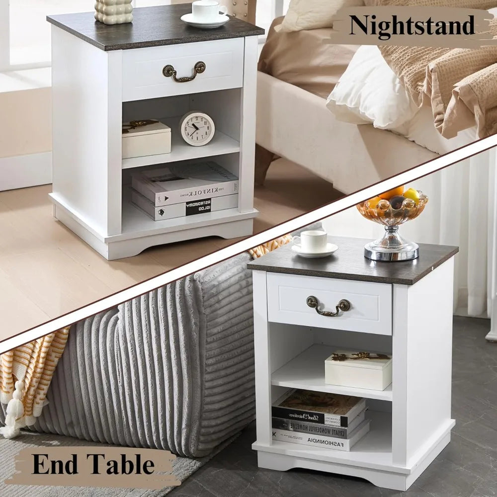 19 Inch Farmhouse Nightstand With Drawers And Shelves