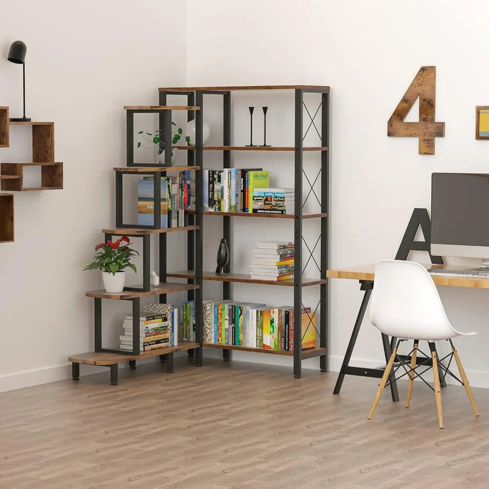 Large Corner Shelf Bookcase Industrial Reversible 5 Tier