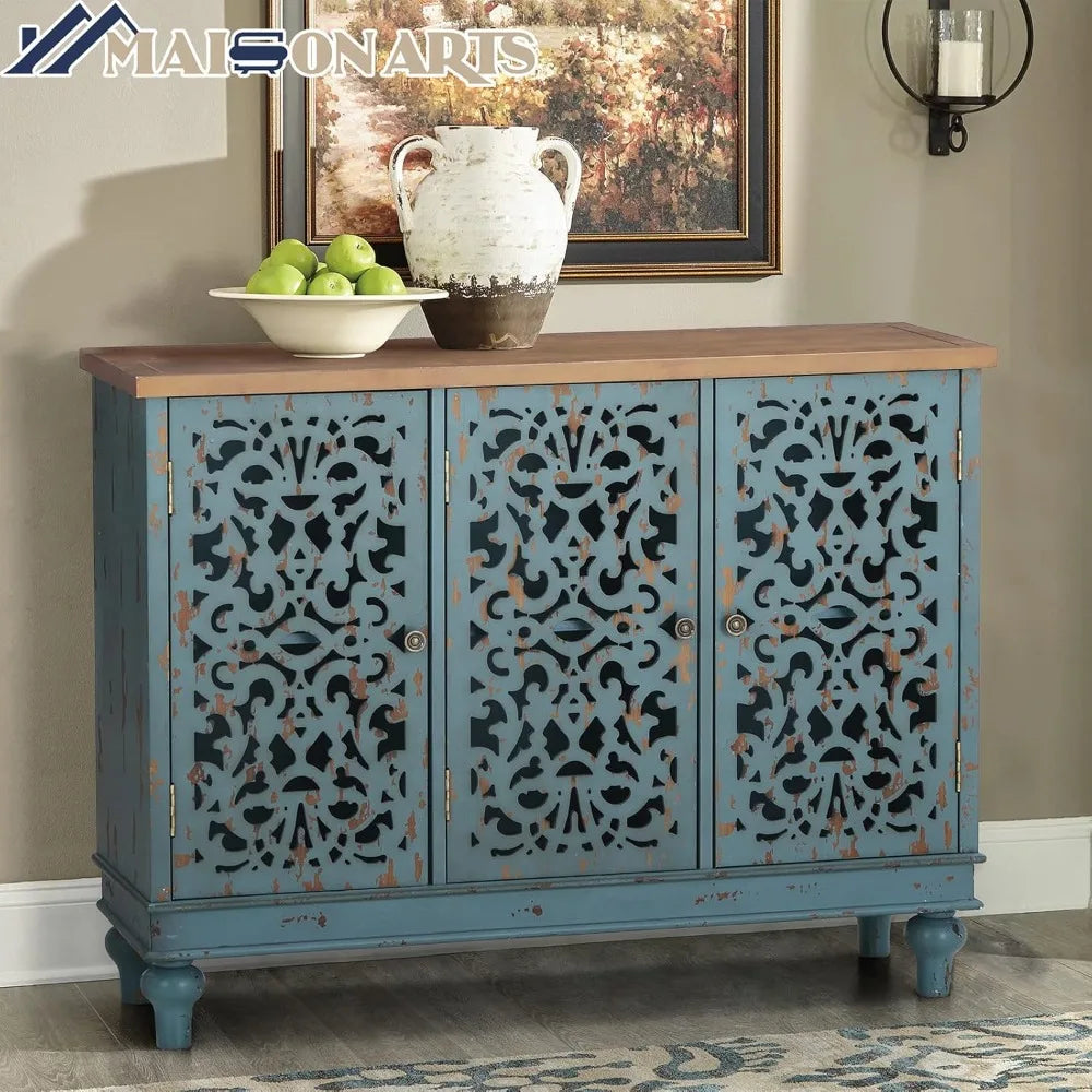 Blue Farmhouse Sideboard Buffet Cabinet With 3 Doors