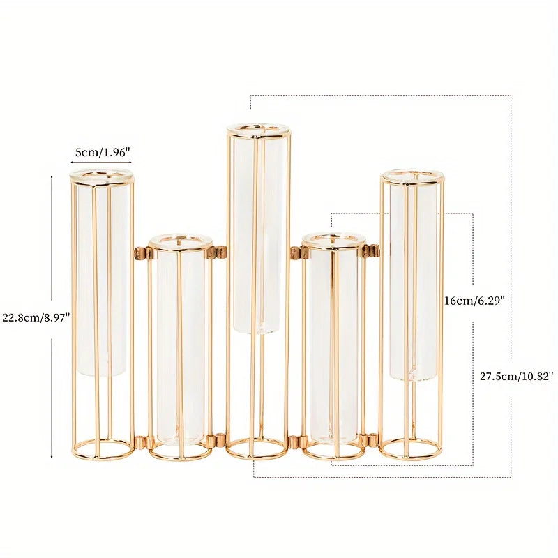 Gold Test Tube Vase Set With 5 Tubes And Stand Centerpiece