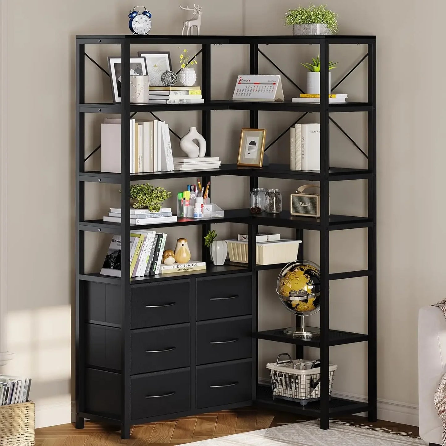 Corner Bookshelf 7 Tier Industrial Convertible Drawers