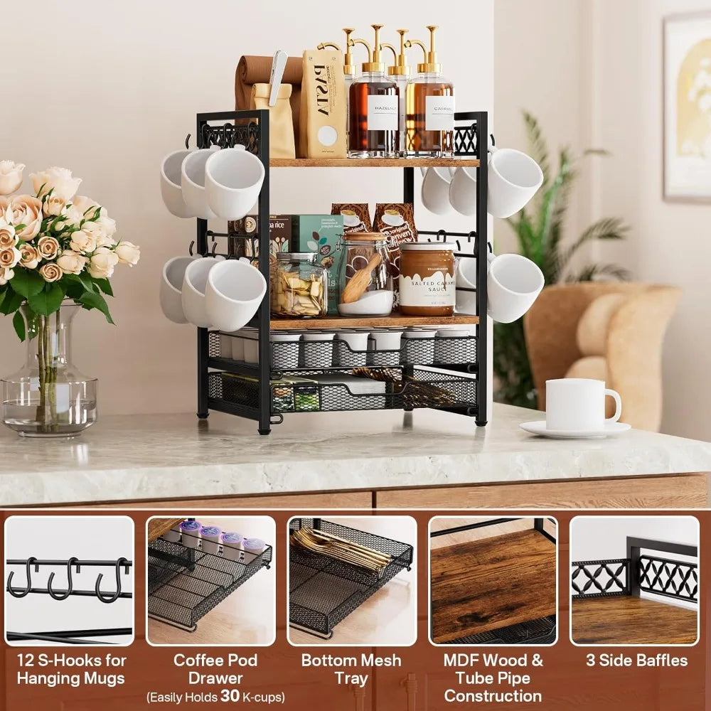 Coffee Bar Organizer Countertop Shelf 4 Tier Mug Holder