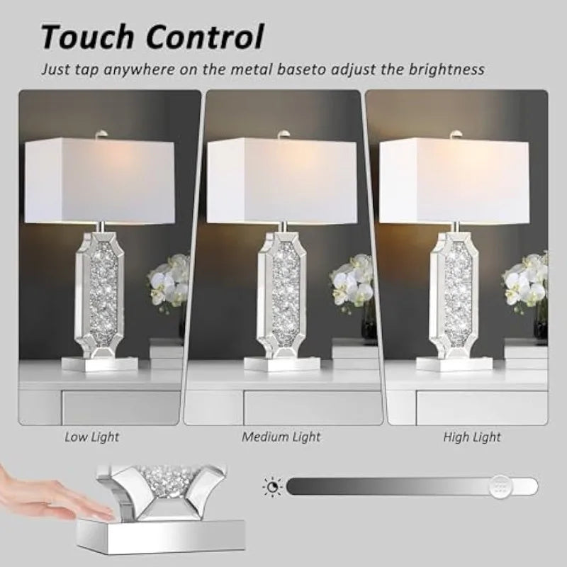 3 Way Dimmable Touch Diamond Crushed Bedside Table Lamps Set of 2