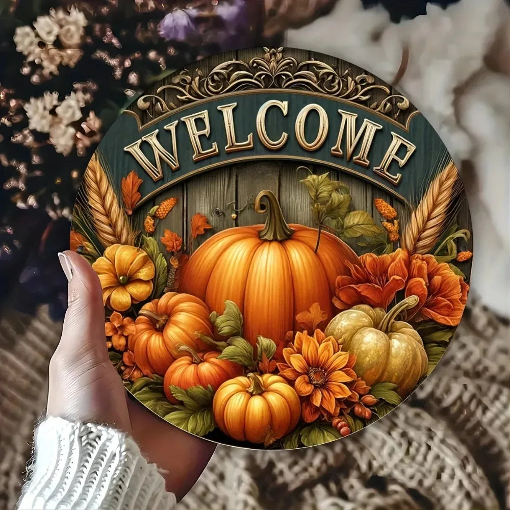 Tin Painting 8 Inch Round Metal Sign Welcome Fall Harvest