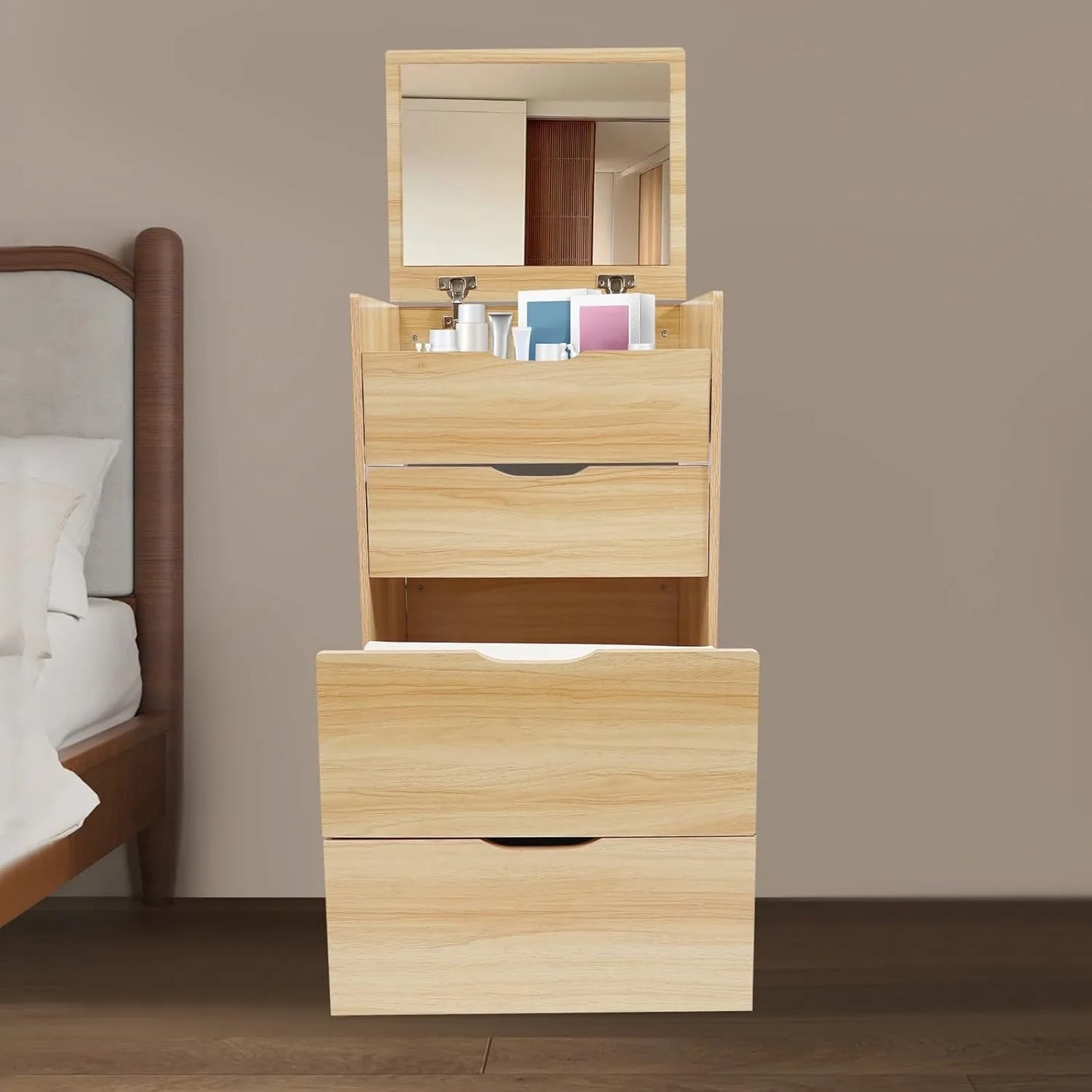 Log Color 3 In 1 Flip Top Vanity Desk With Mirror And Stool