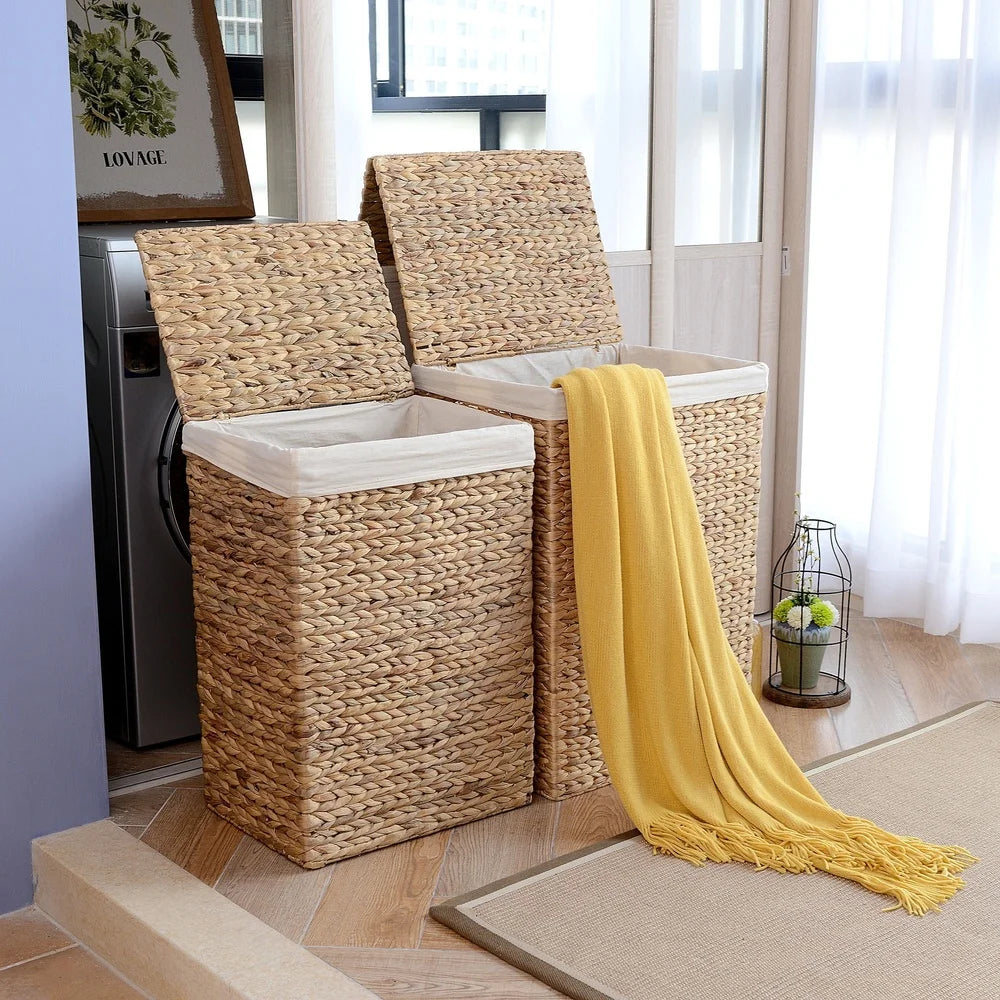 Set Of 2 Handmade Water Hyacinth Laundry Hampers With Lids