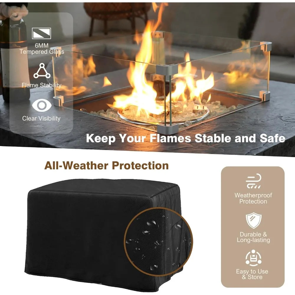 4 Piece Propane Fire Pit Table Set Glass Wind Guard 32 Inch