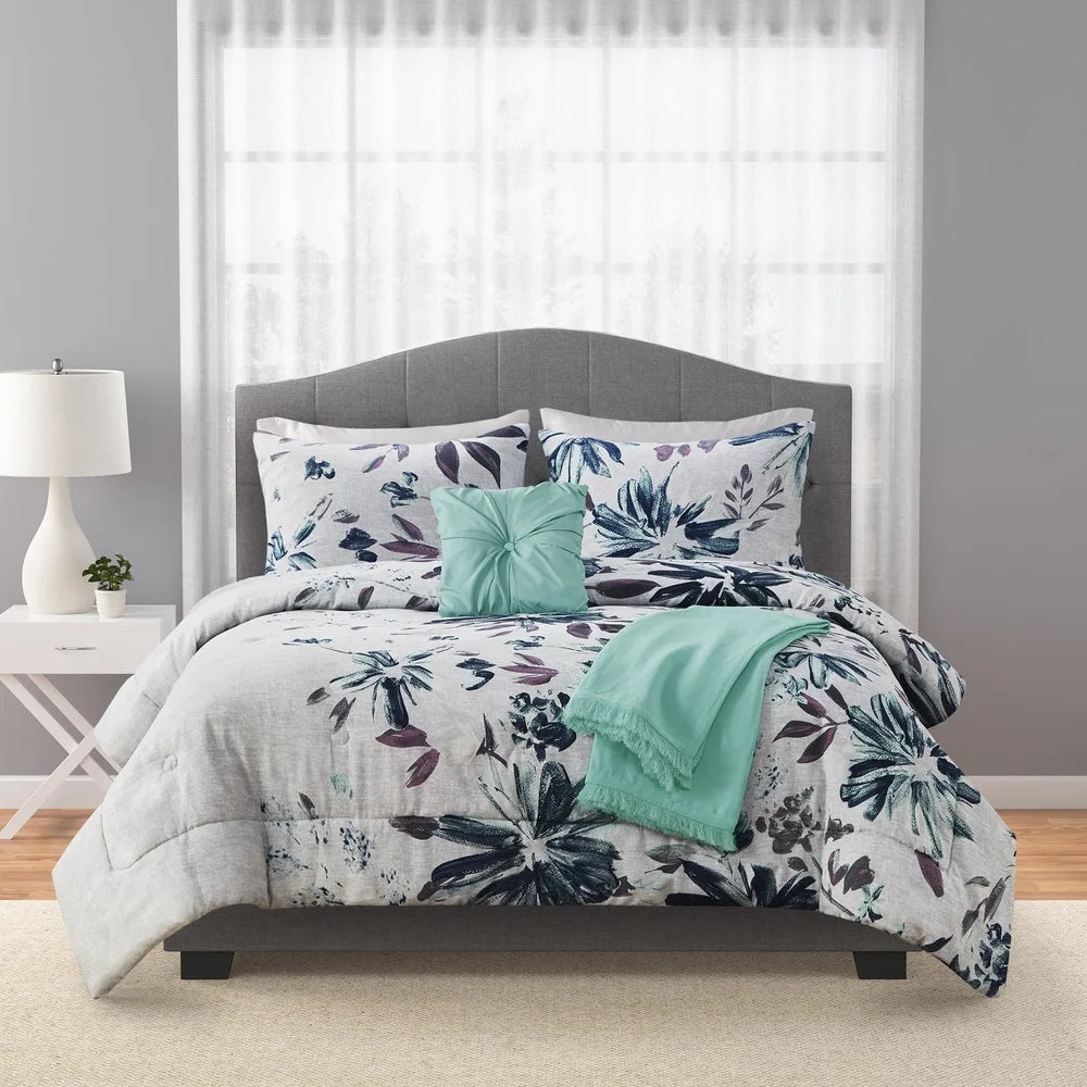 Blue Floral 5 Piece Comforter Set Full Queen Bedding