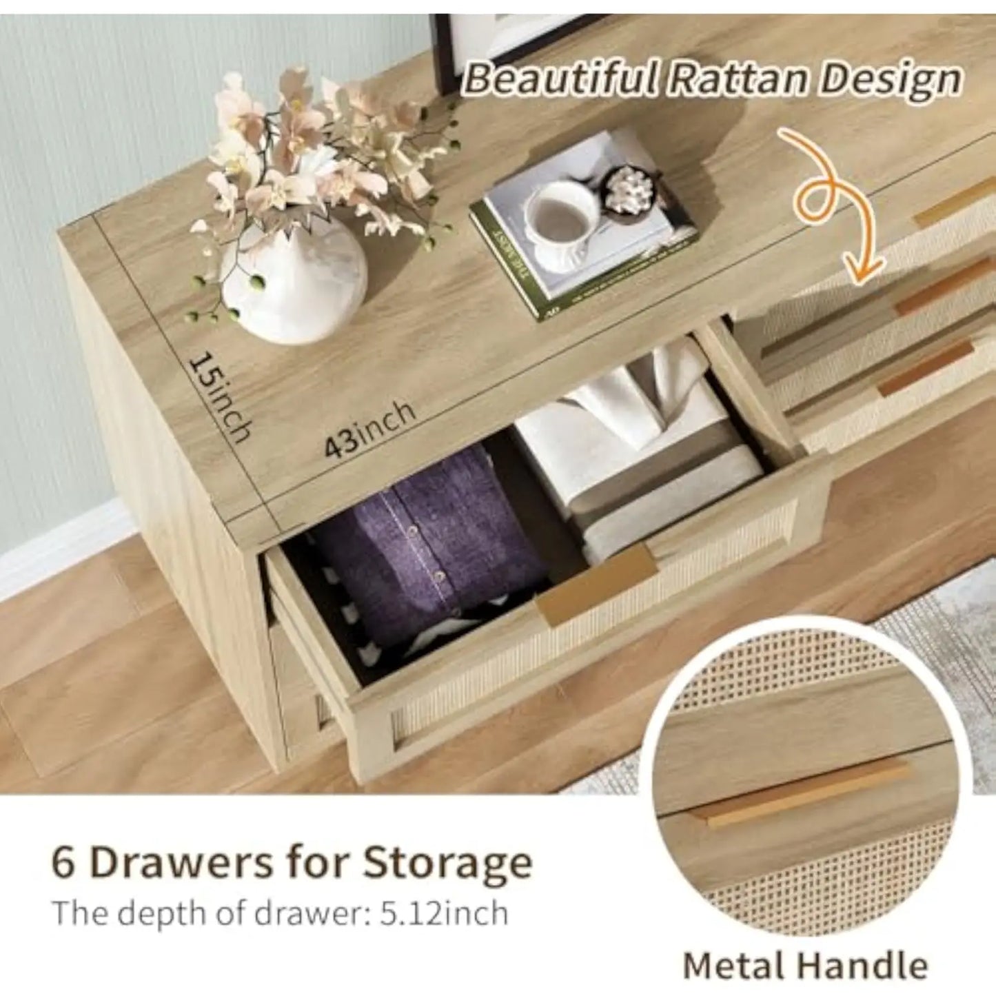 Rattan Dresser 6 Drawer Boho Farmhouse Chest of Drawers