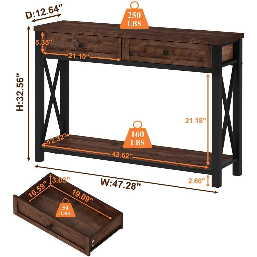 Rustic Oak Console Table With 2 Drawers For Living Room