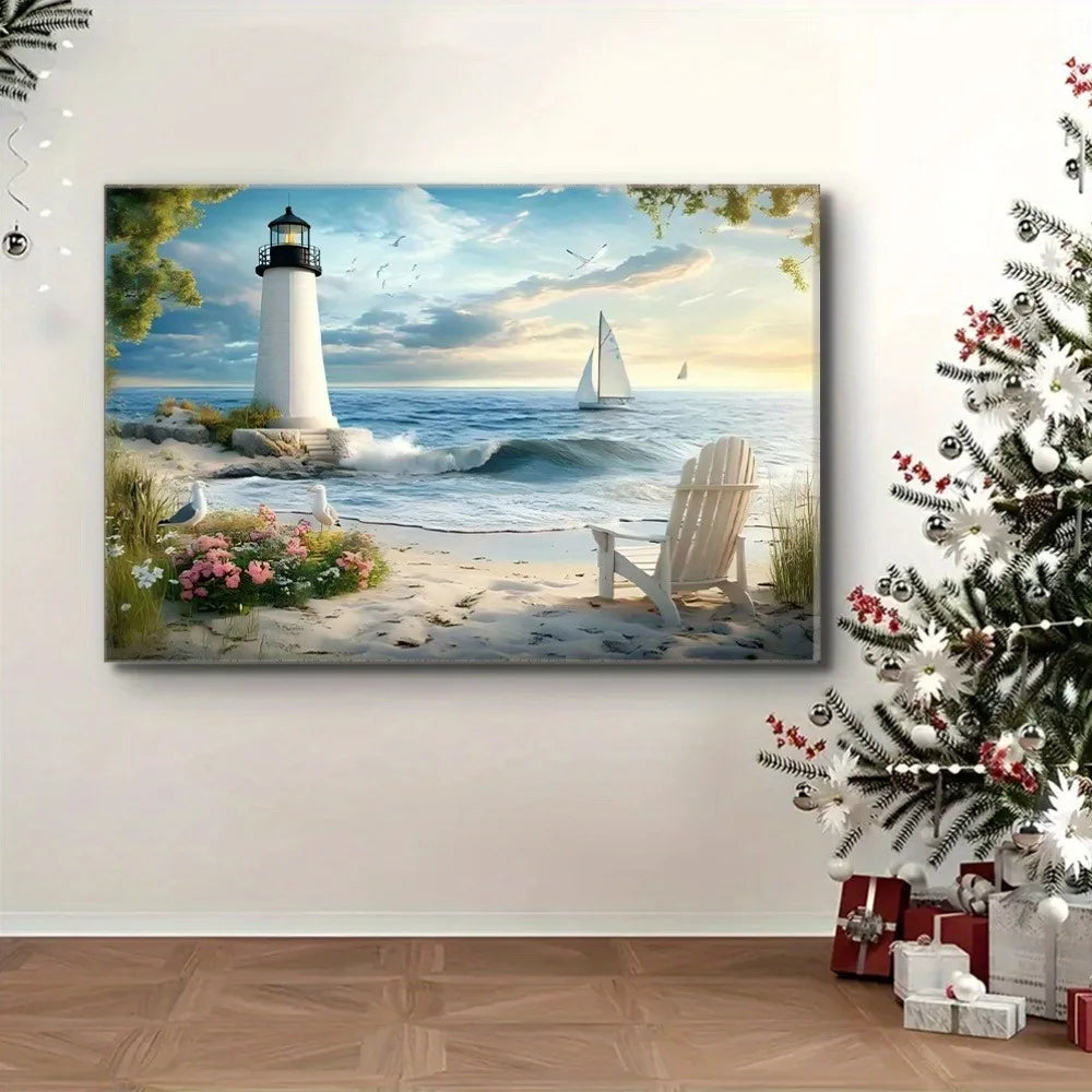 Coast Lighthouse Canvas Wall Art In Solid Wood Pine Frame