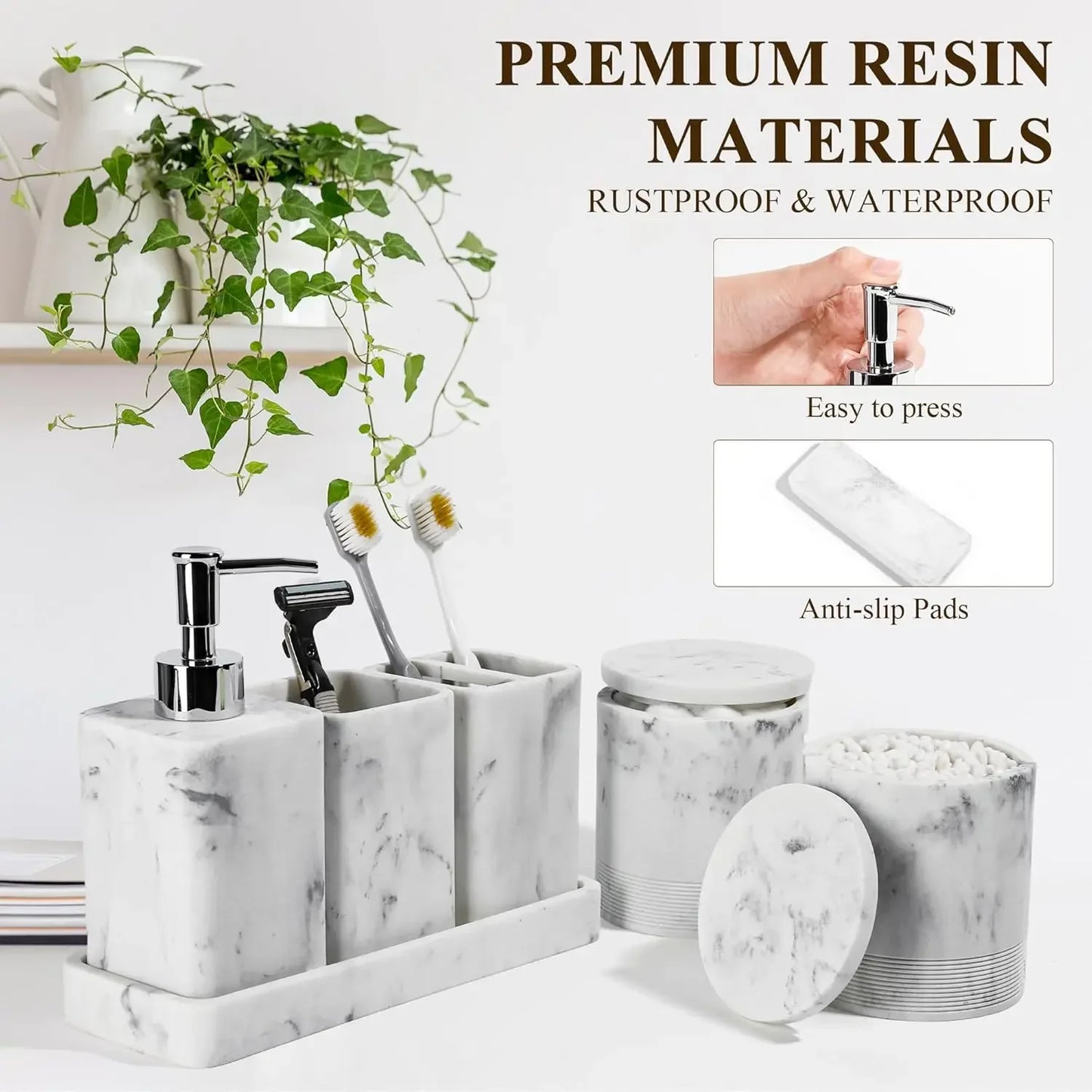 Elegant 6 Piece Bathroom Accessories Set with Soap Dispenser and Toothbrush Holders