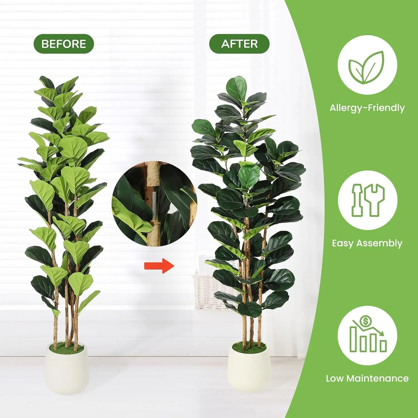 HiMISCN Fiddle Leaf Fig Tree With Pot Fake Greenery Home