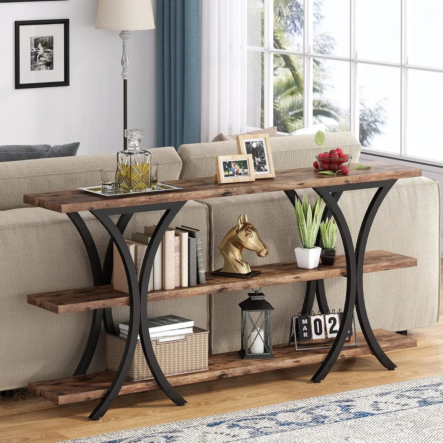 70.8 Inch Narrow Console Table With 3 Tier Storage Brown
