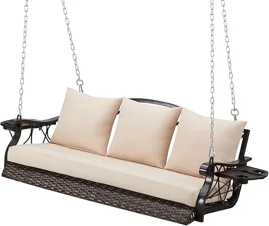 Heavy Duty 900 Pounds Rattan Porch Swing Chair for Three