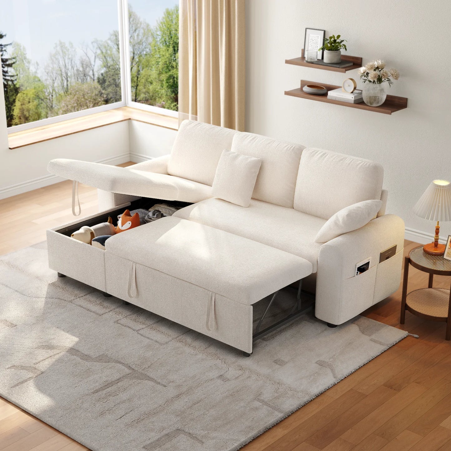 L Shaped Sleeper Sofa 85 Inch Pullout Bed Storage Chaise