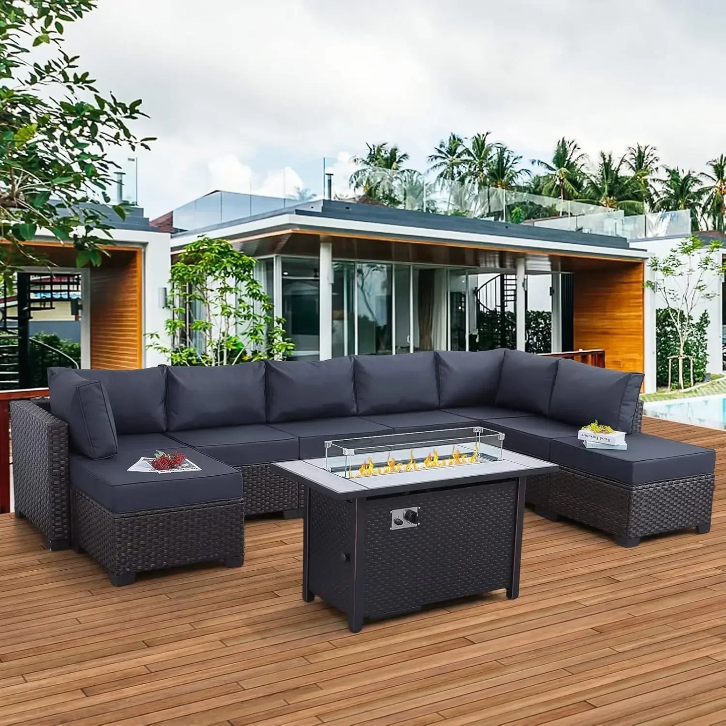 9 Piece Wicker Patio Set With Peacock Cushions And Storage