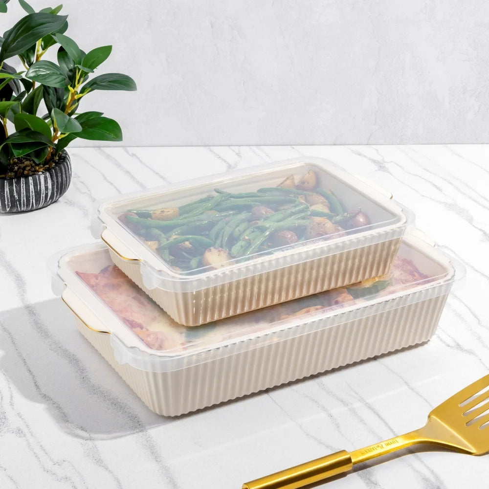 2 Piece Ribbed Baking Dish Set With Lids Microwave Safe