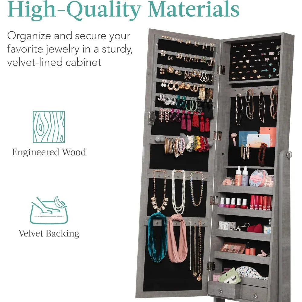 Gray Oak Jewelry Armoire With Full Length Mirror Lockable