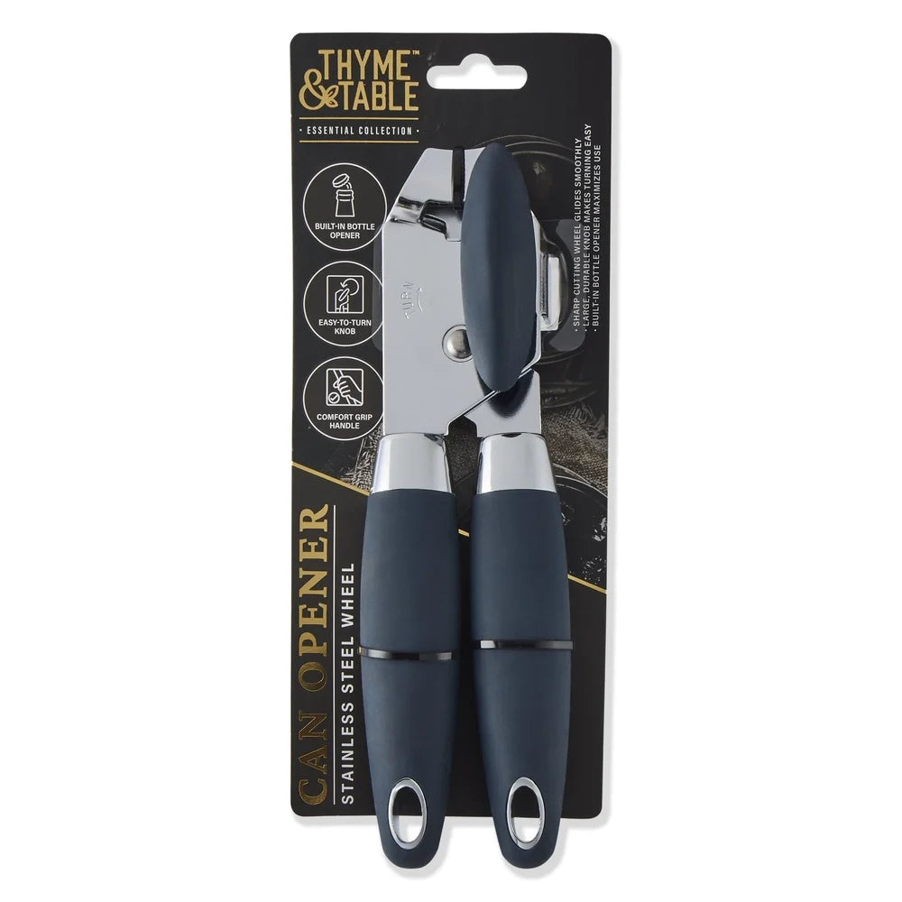 Stainless Can Opener With Easy Turn Knob And Bottle Opener