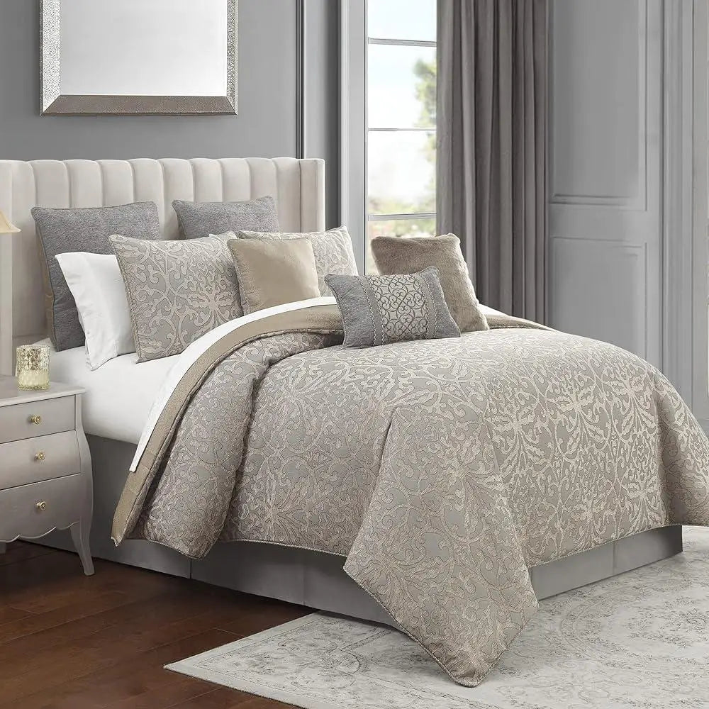 Medallion Grey 6PC Queen Comforter Set with Luxurious Jacquard Design