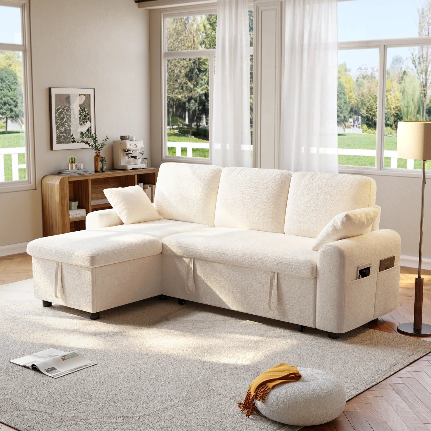 L Shaped Sleeper Sofa 85 Inch Pullout Bed Storage Chaise