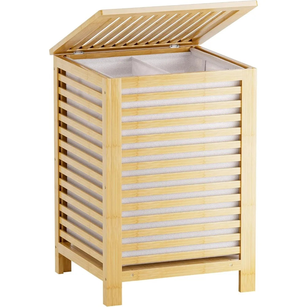 Double Laundry Hamper With Lid Bamboo Basket 120L Removable Liner