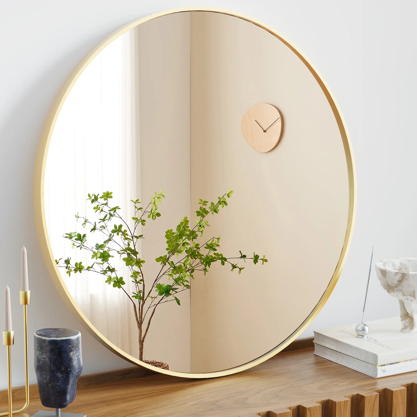 Large Gold Round Mirror for Wall with Modern Style and Shatterproof Glass