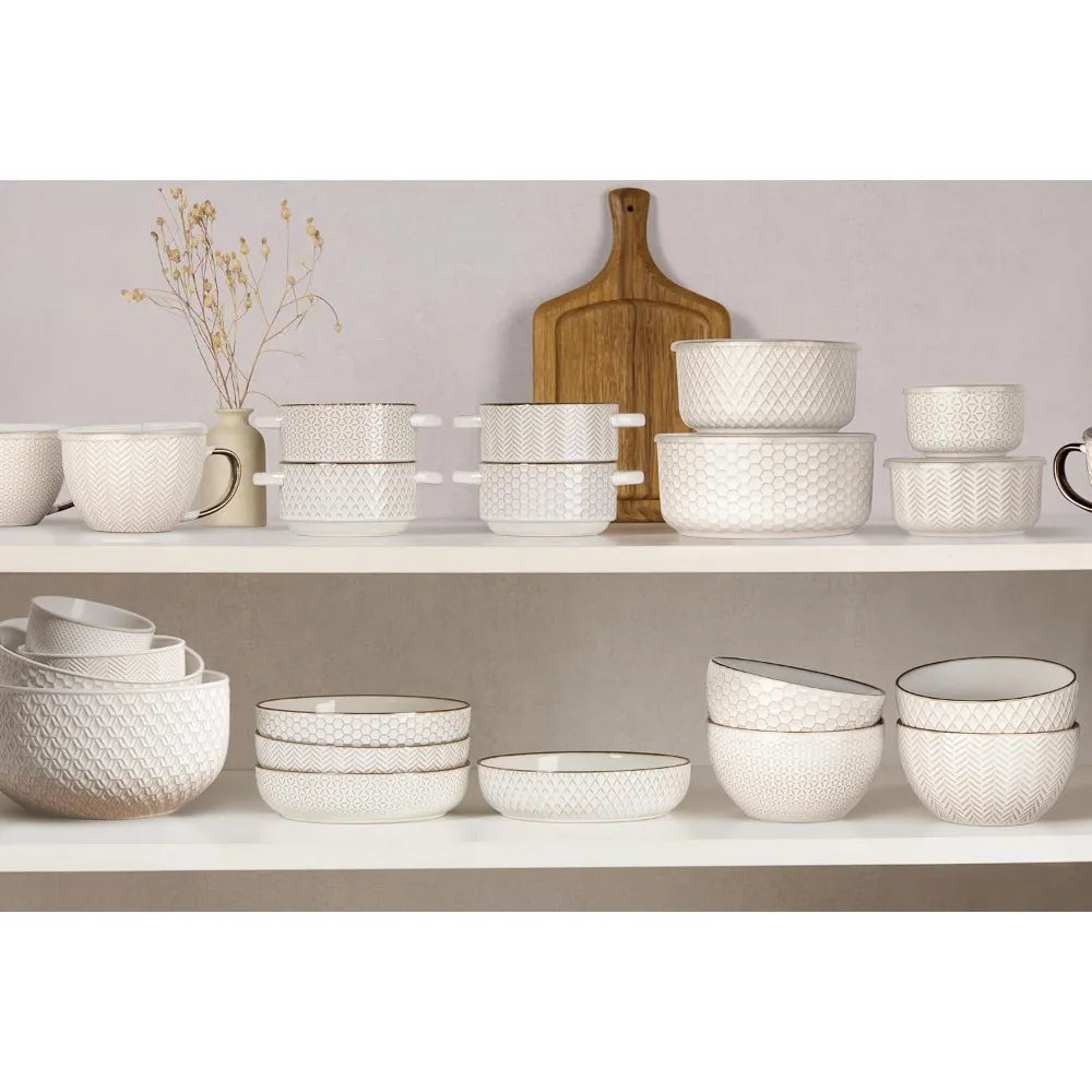 Ceramic Mixing Bowls Nesting Set of 4 Embossed Dishware