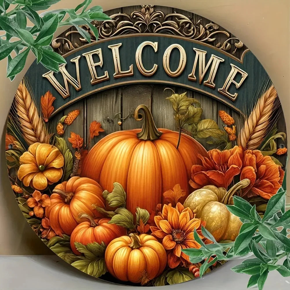 Tin Painting 8 Inch Round Metal Sign Welcome Fall Harvest