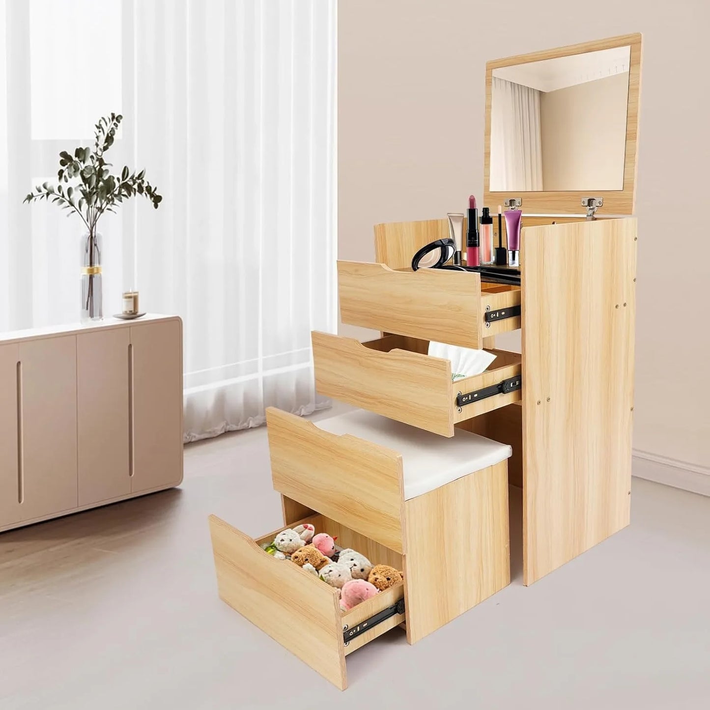 Log Color 3 In 1 Flip Top Vanity Desk With Mirror And Stool