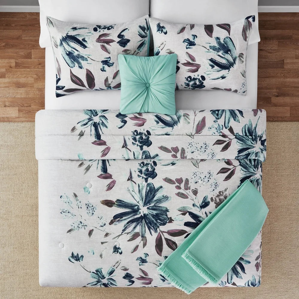 Blue Floral 5 Piece Comforter Set Full Queen Bedding