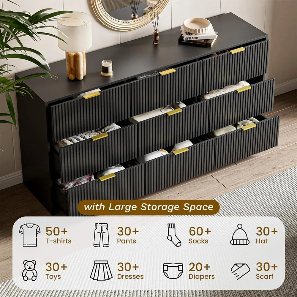 Black Dresser 9 Drawer Modern Chest for Bedroom Living Room