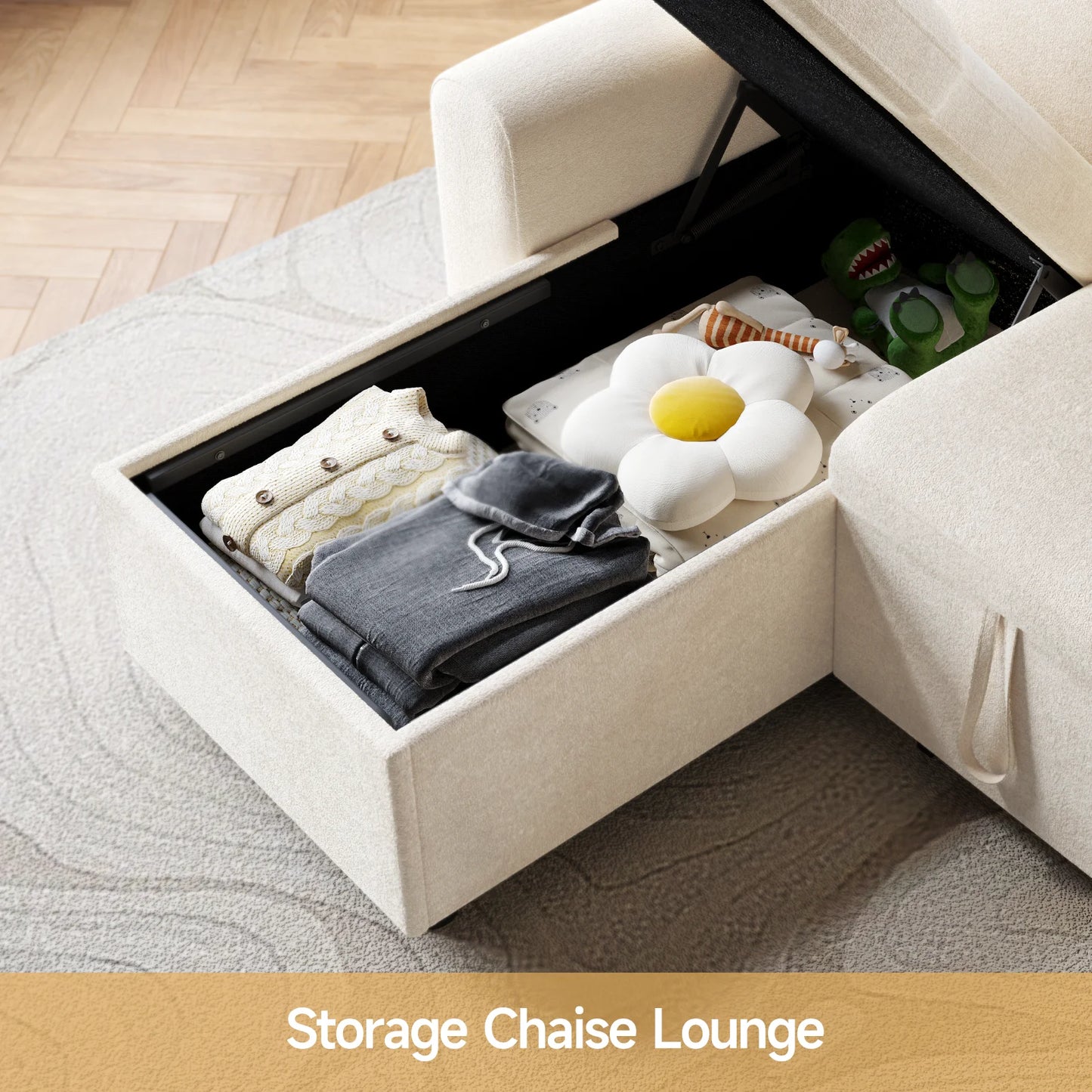 L Shaped Sleeper Sofa 85 Inch Pullout Bed Storage Chaise