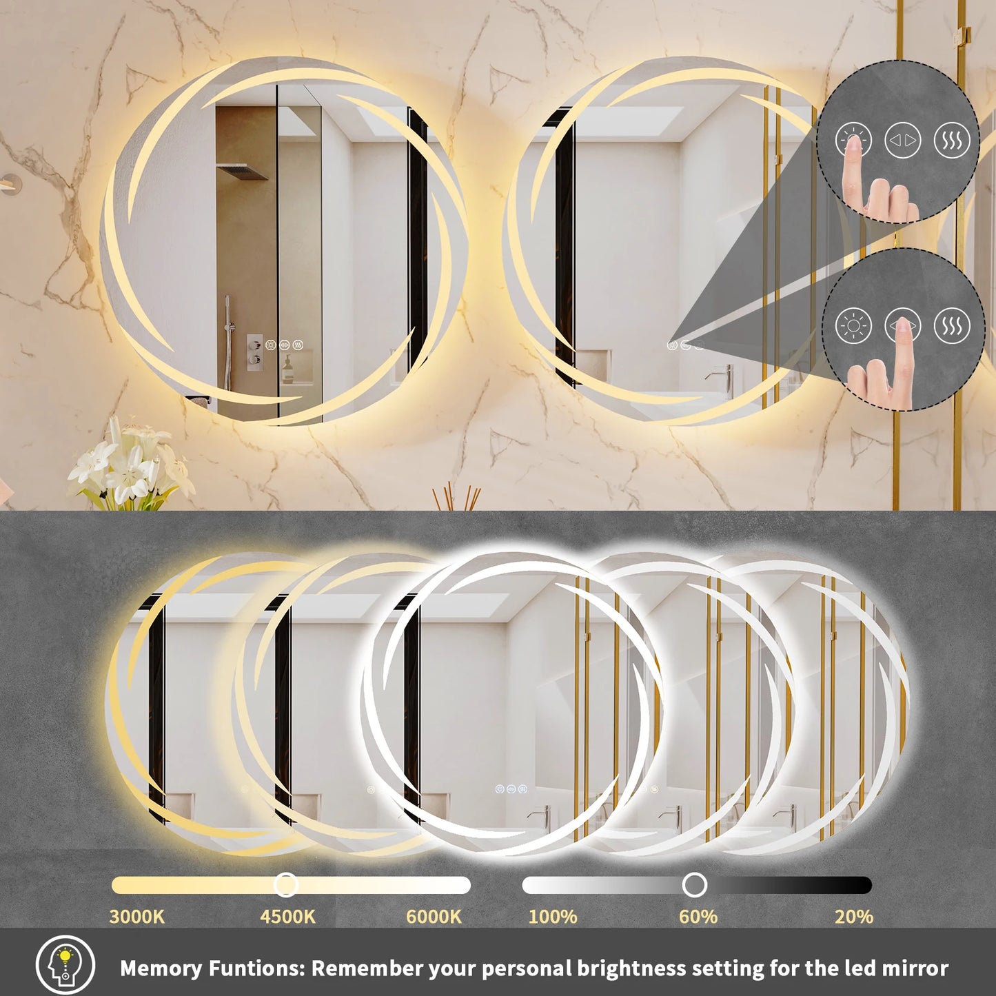 Anti Fog LED Bathroom Mirror with Adjustable Backlight