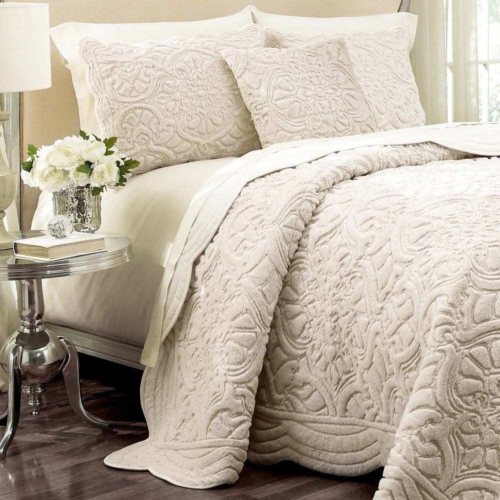 Luxurious Faux Fur Coverlet Set With Embroidered Shams Queen