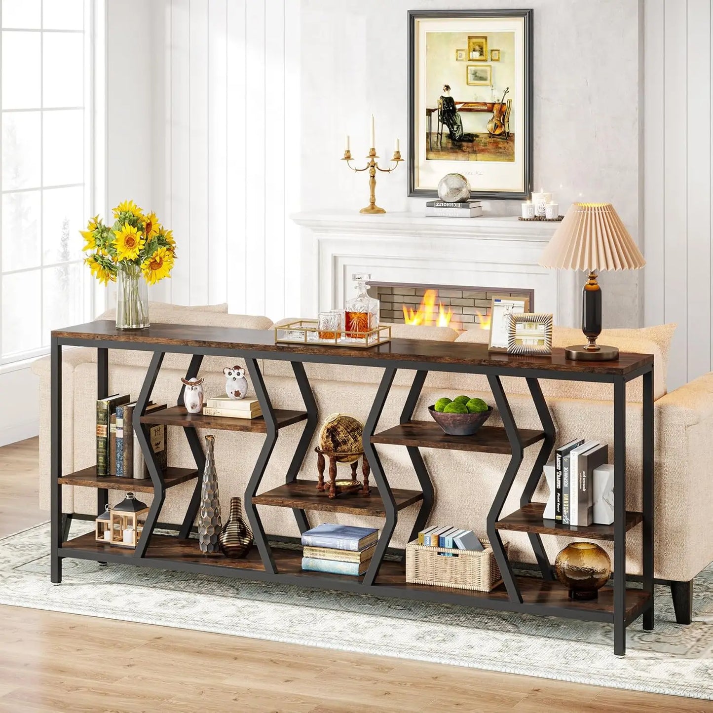 Sofa Console Table 4 Tier Wood Shelves Narrow Entryway