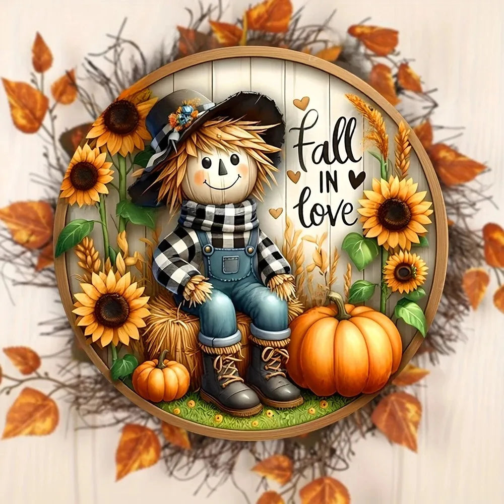 Tin Painting Scarecrow Fall Harvest Sign Round Wreath