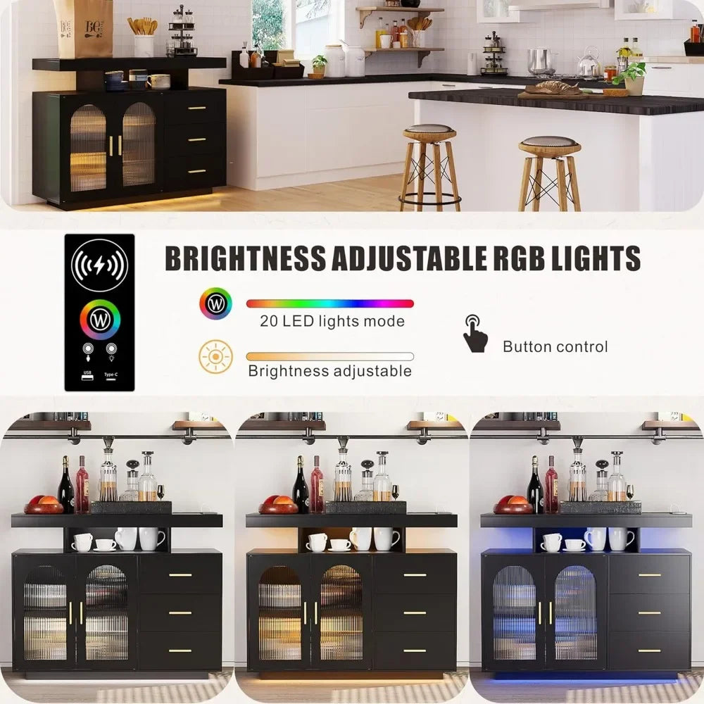 LED Coffee Bar Cabinet With Shelf Wood Sideboard Buffet