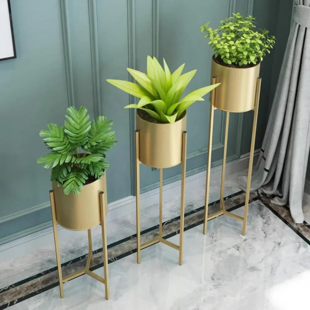 Gold Round Flower Pot Plant Stand Set For Multiple Pots