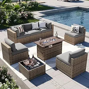 8-Piece Wicker Patio Furniture Set with Firepit Table
