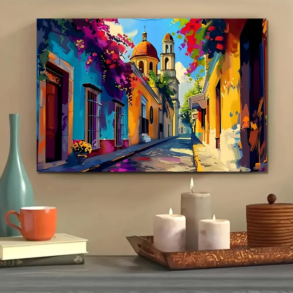 Pine Wood Frame Decorative Art Mexican Village Scene