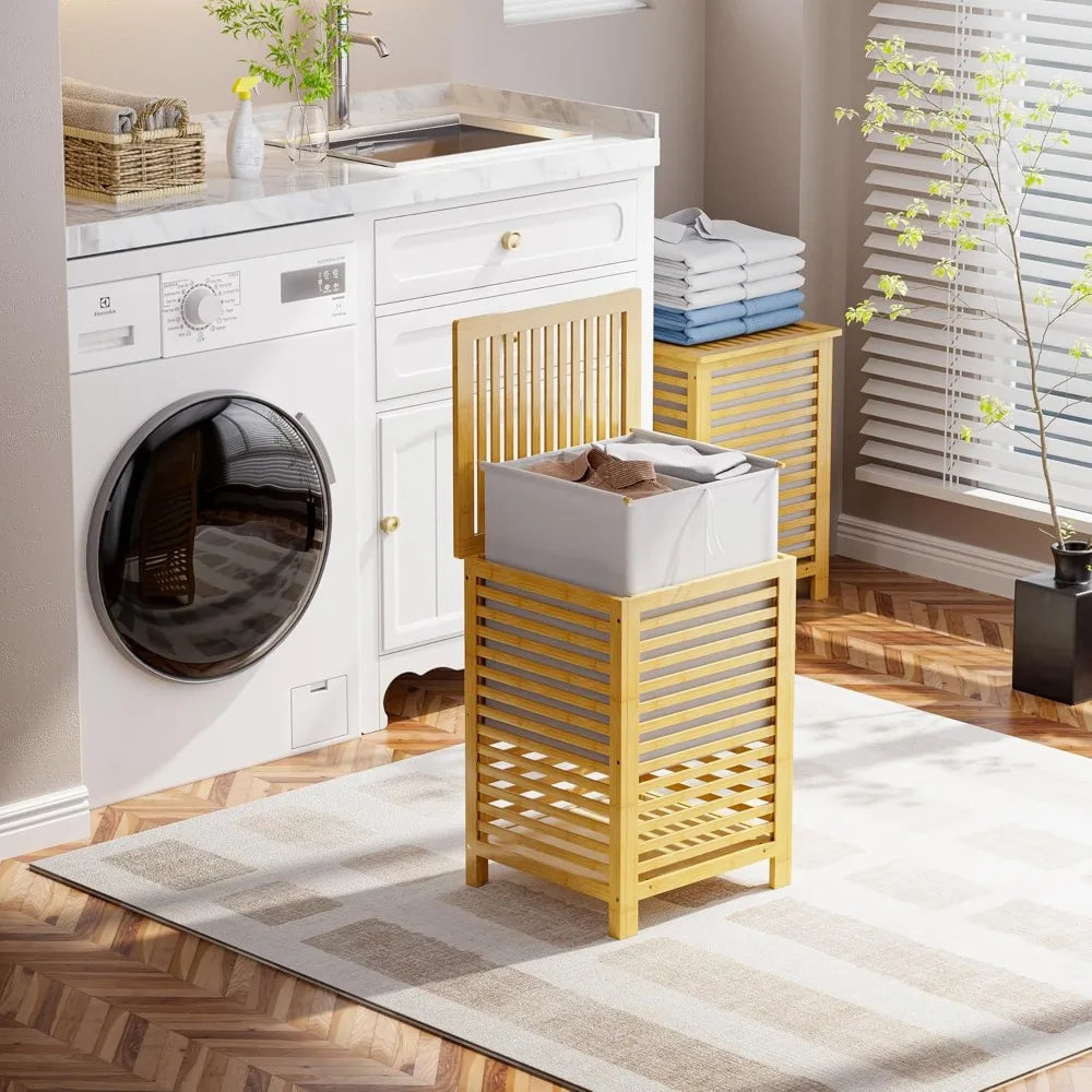 Double Laundry Hamper With Lid Bamboo Basket 120L Removable Liner