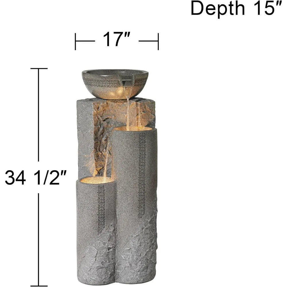 Zen Outdoor Floor Water Fountain Pillar Bowl LED Light