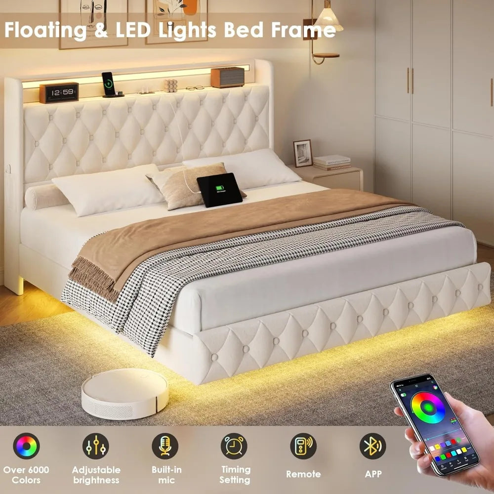 Keyluv Floating Bed Frame With LED Lights USB Charging