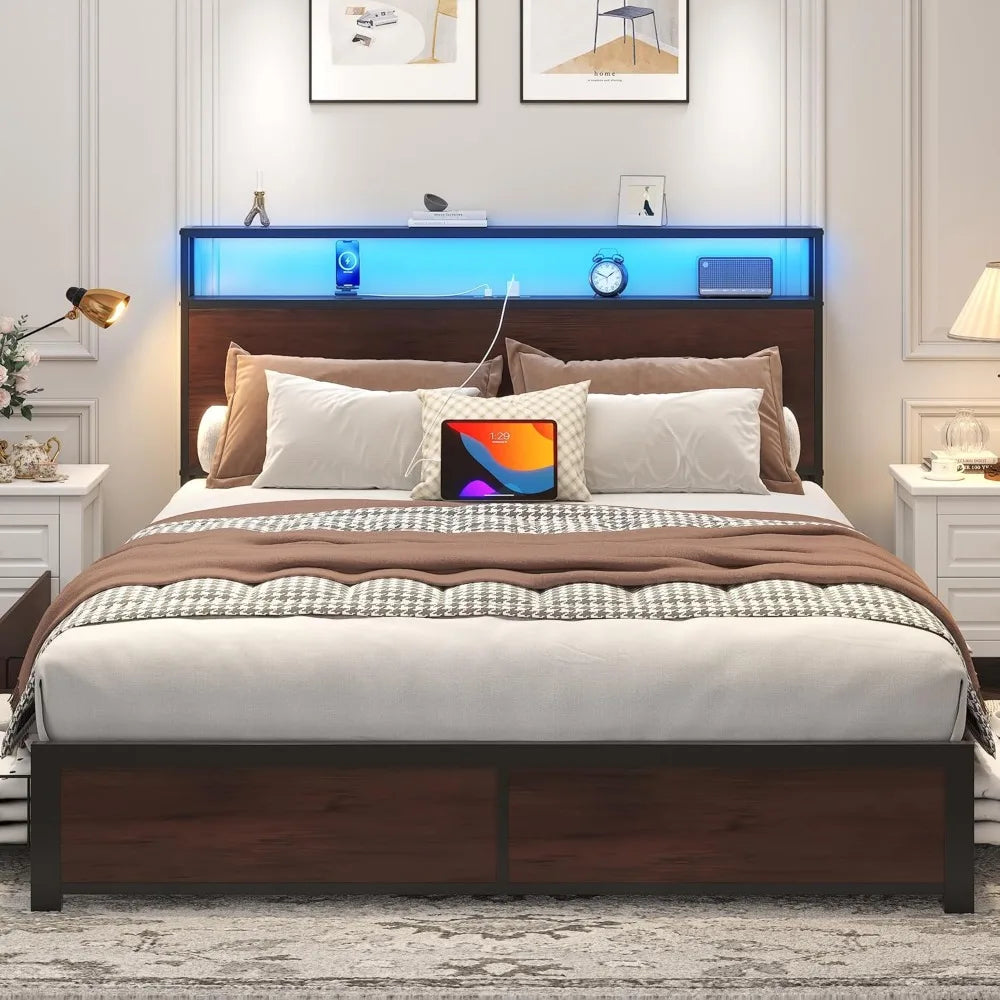 Lifezone Queen Bed Frame With 2 Tier Storage Headboard
