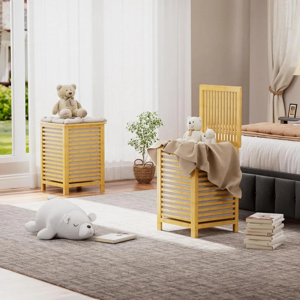 Double Laundry Hamper With Lid Bamboo Basket 120L Removable Liner
